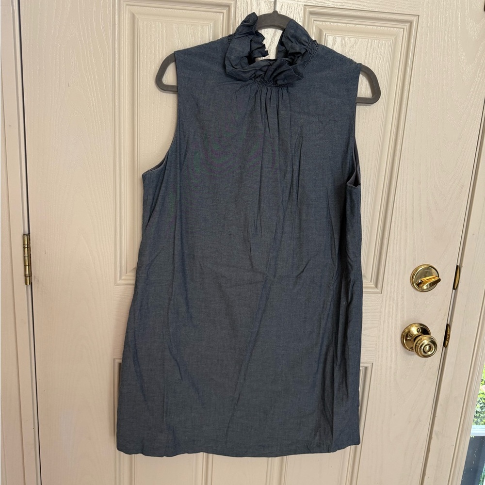 Chambray Sleeveless Ruffle Neck Sheath Dress